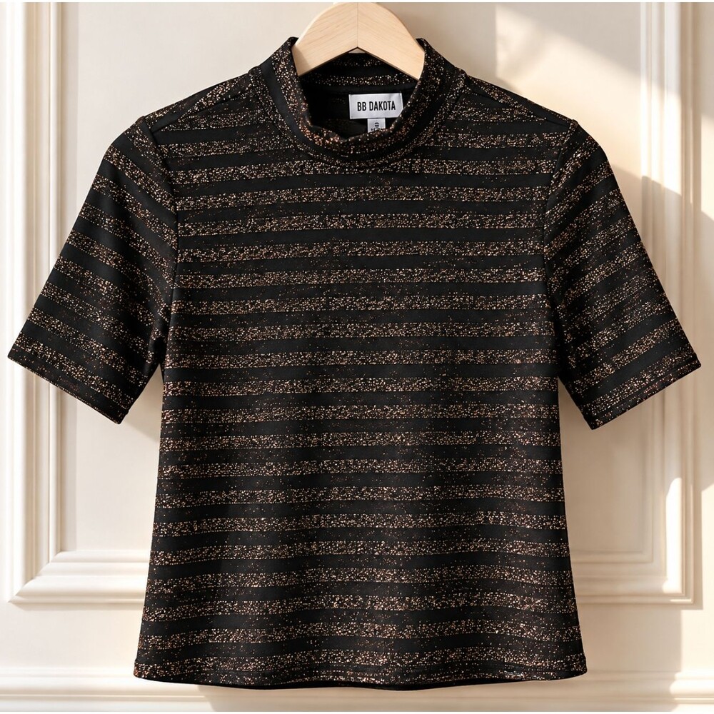 BB Dakota Black Gold Metallic Knit Top S Mock Neck Shimmer Striped Short Sleeve